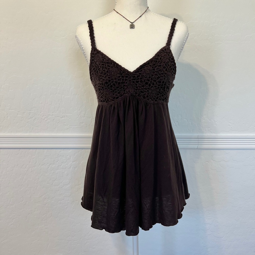 vintage y2k brown crochet babydoll tank top